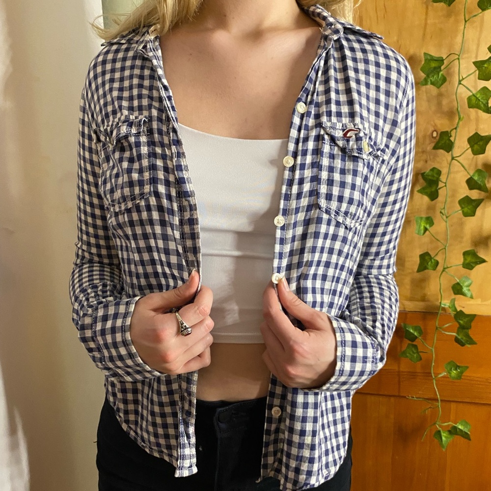 Hollister blue and white button down checkered plaid flannel